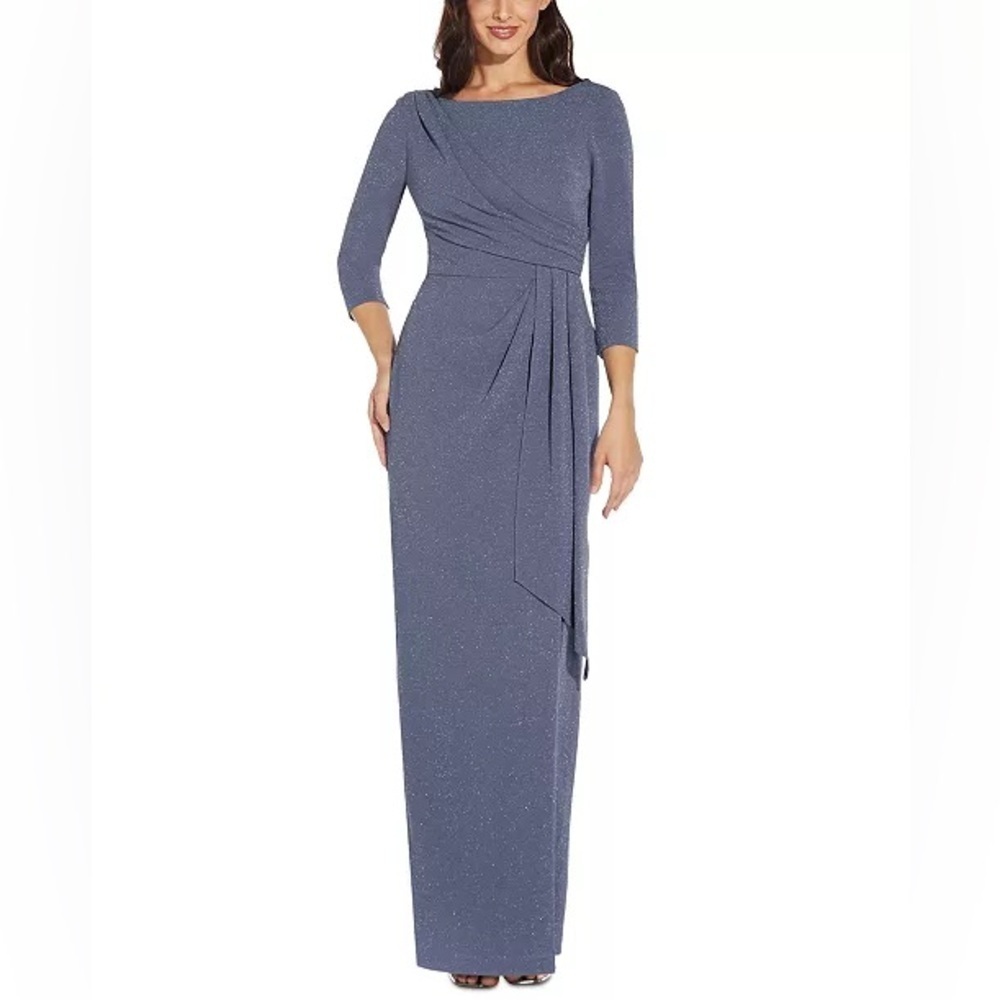 Adrianna Papell Blue Formal Gathered-Waist Metallic Sparkle Threaded Gown 4